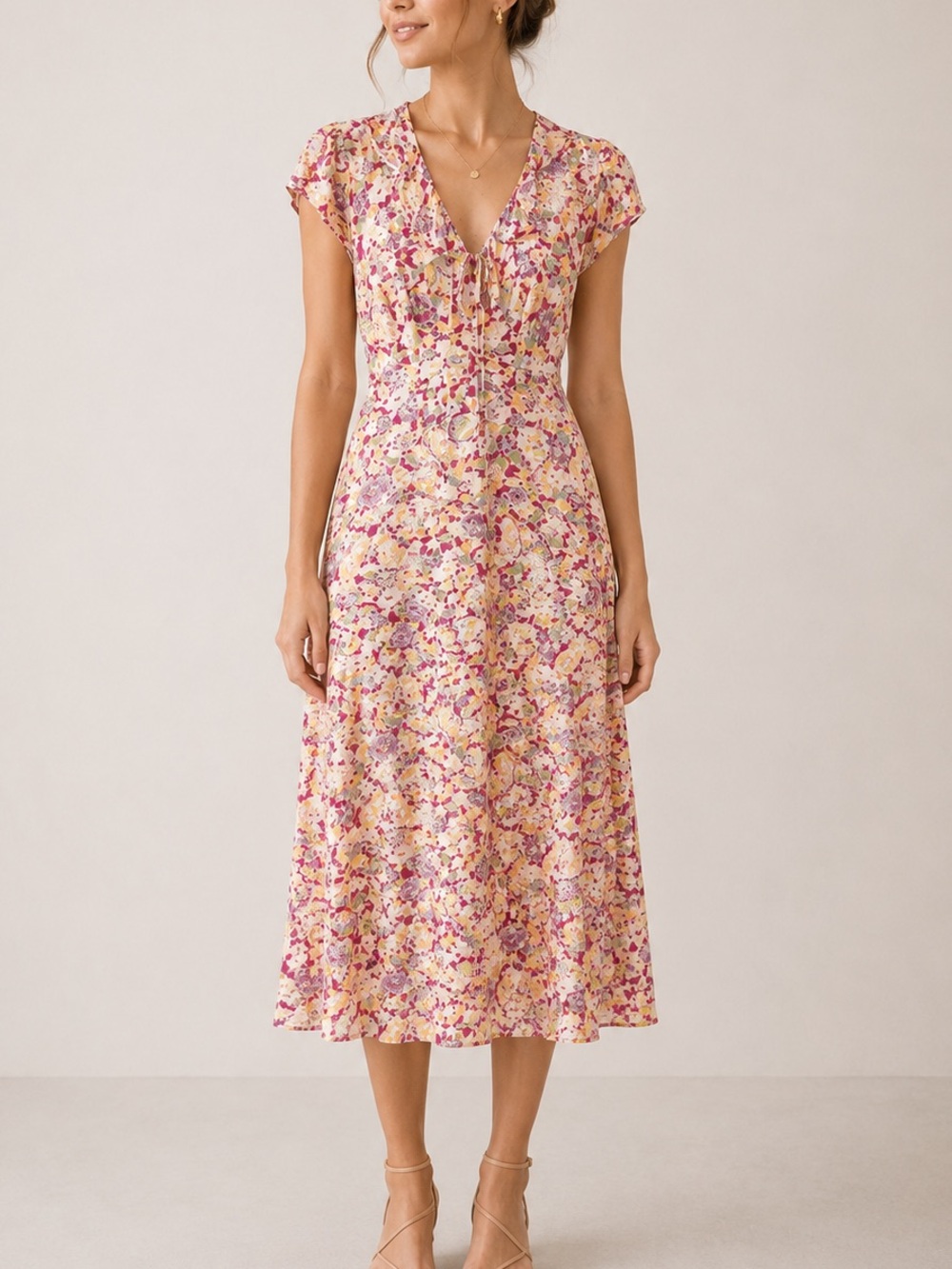 Rixo Jenna Floral Multicolor Gold Red Satin Summer Meadow Midi Dress